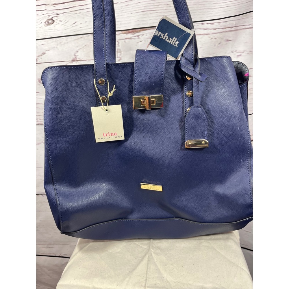 Trina Turk Navy Saffiano‎ Leather Tote Bag Floral Interior Gold Hardware